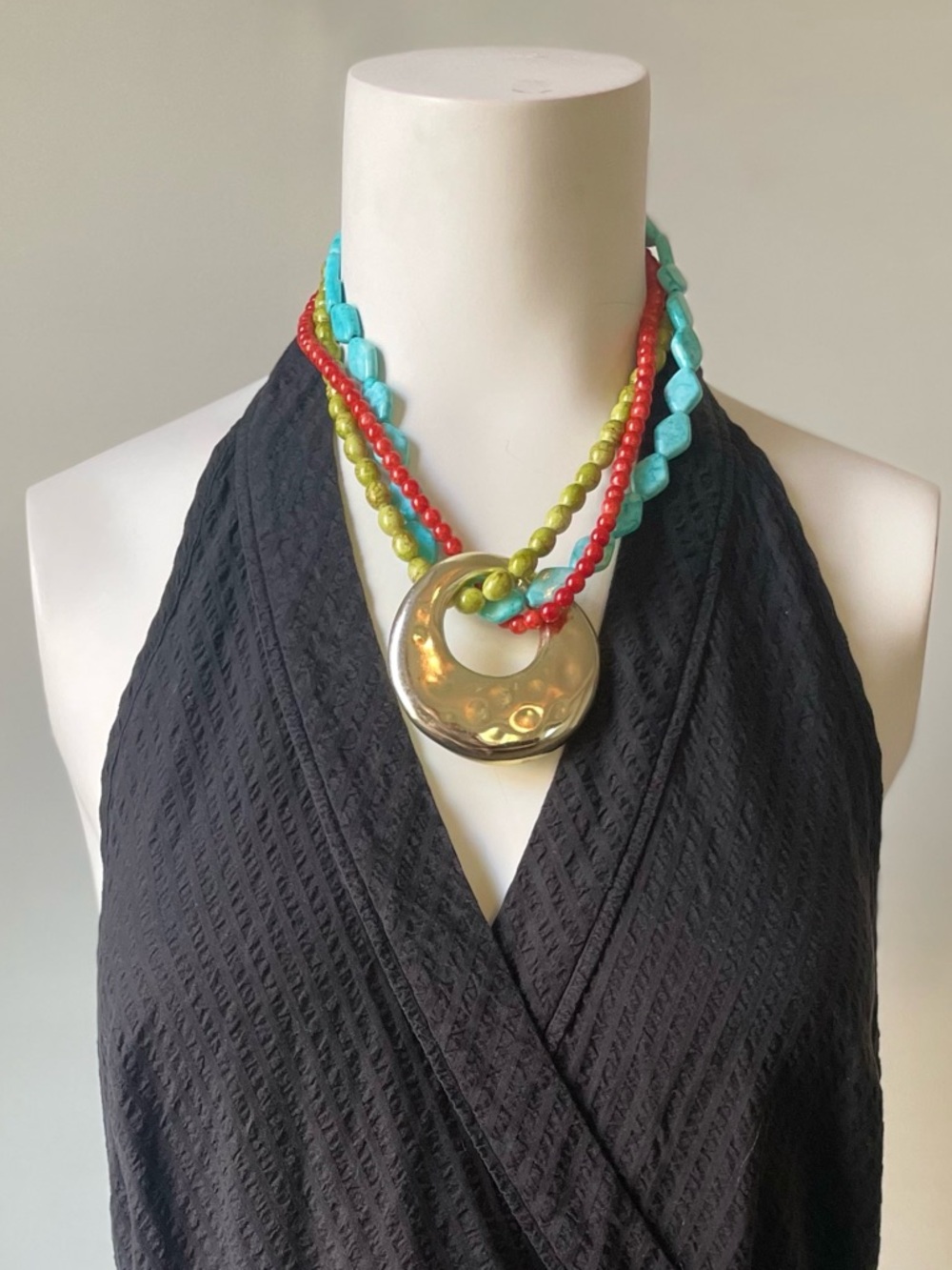 Vintage Multi-Color Stone Necklace with Gold Pendant